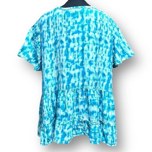 Terra & Sky Blue Tie Dye Tiered Peplum Blouse Tiered Cotton Boho Cottagecore 3X - Picture 5 of 7